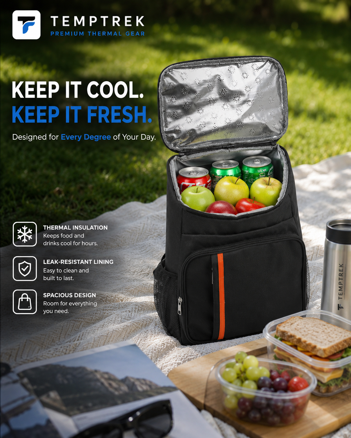 Black TrailPack cooler backpack open showing canned drinks and apples, on picnic blanket