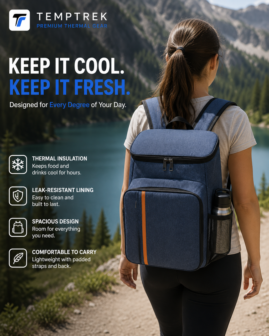 Woman wearing navy TrailPack backpack while hiking beside a mountain lake