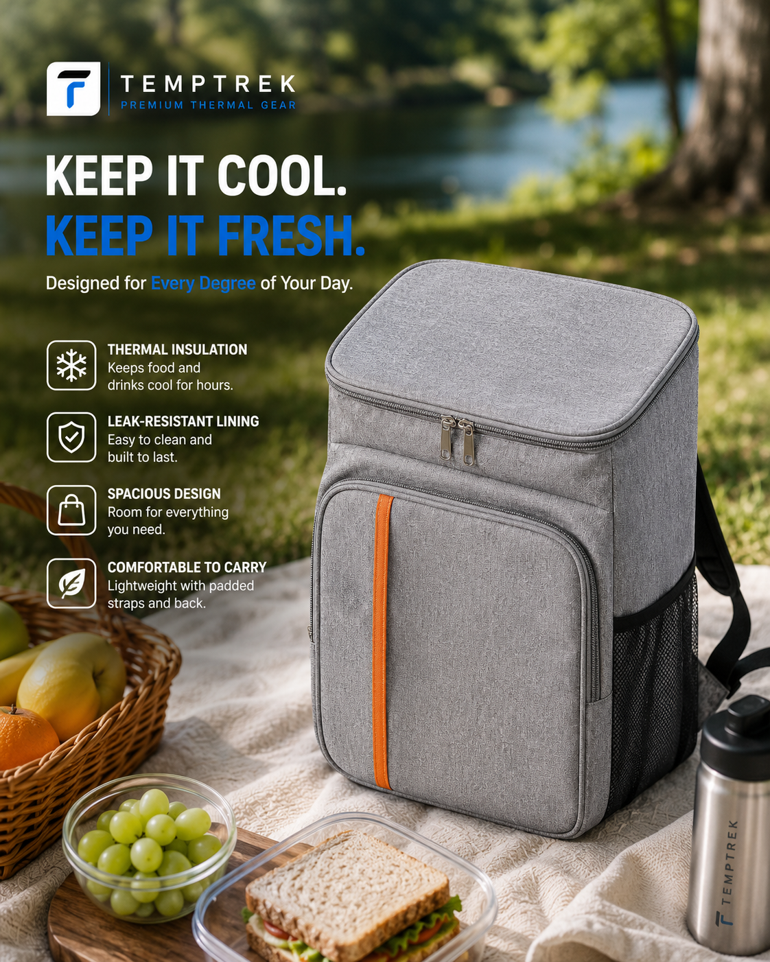 Gray TrailPack cooler backpack on a picnic blanket beside fruit, sandwich and tumbler