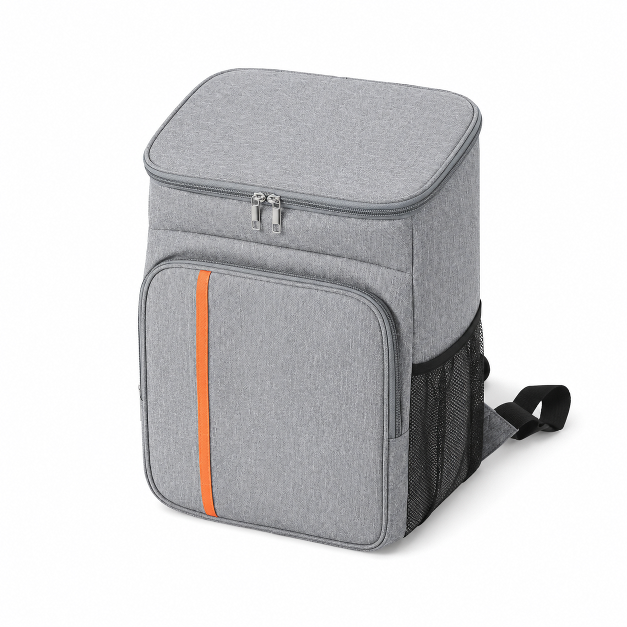 TrailPack cooler backpack in gray, angled view showing orange stripe and mesh pocket