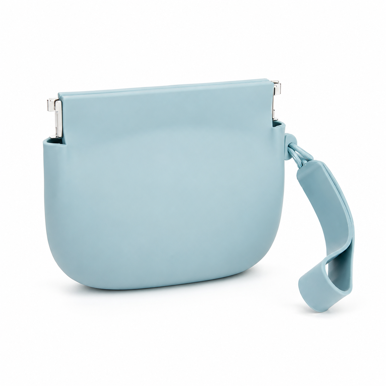 SnackTrail treat pouch in light blue with spring closure, angled product shot