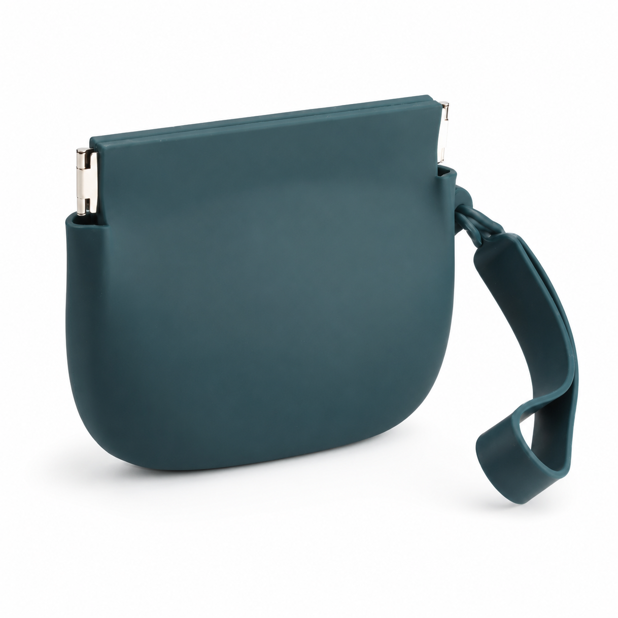 SnackTrail treat pouch in dark teal with spring closure, angled product shot