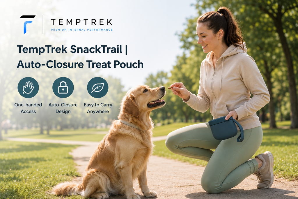 Woman training golden retriever in park with teal SnackTrail pouch on her waist