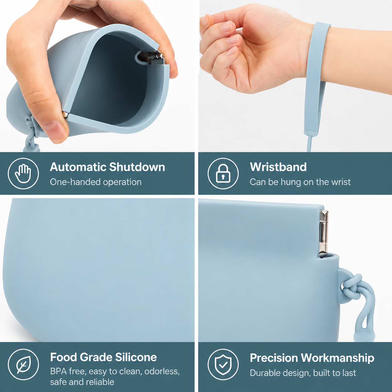 SnackTrail detail views: closure mechanism, wristband, back panel, and spring hinge