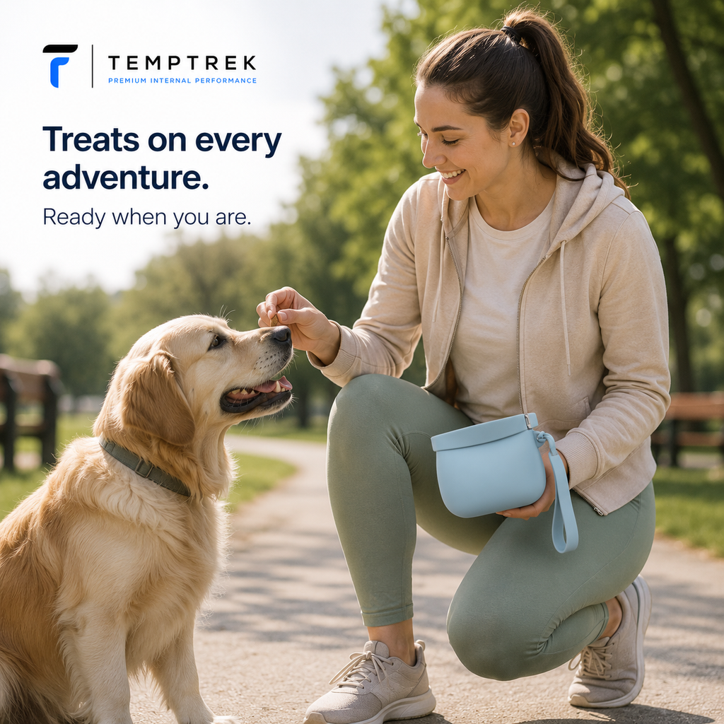 Woman giving golden retriever a treat while holding light blue SnackTrail pouch