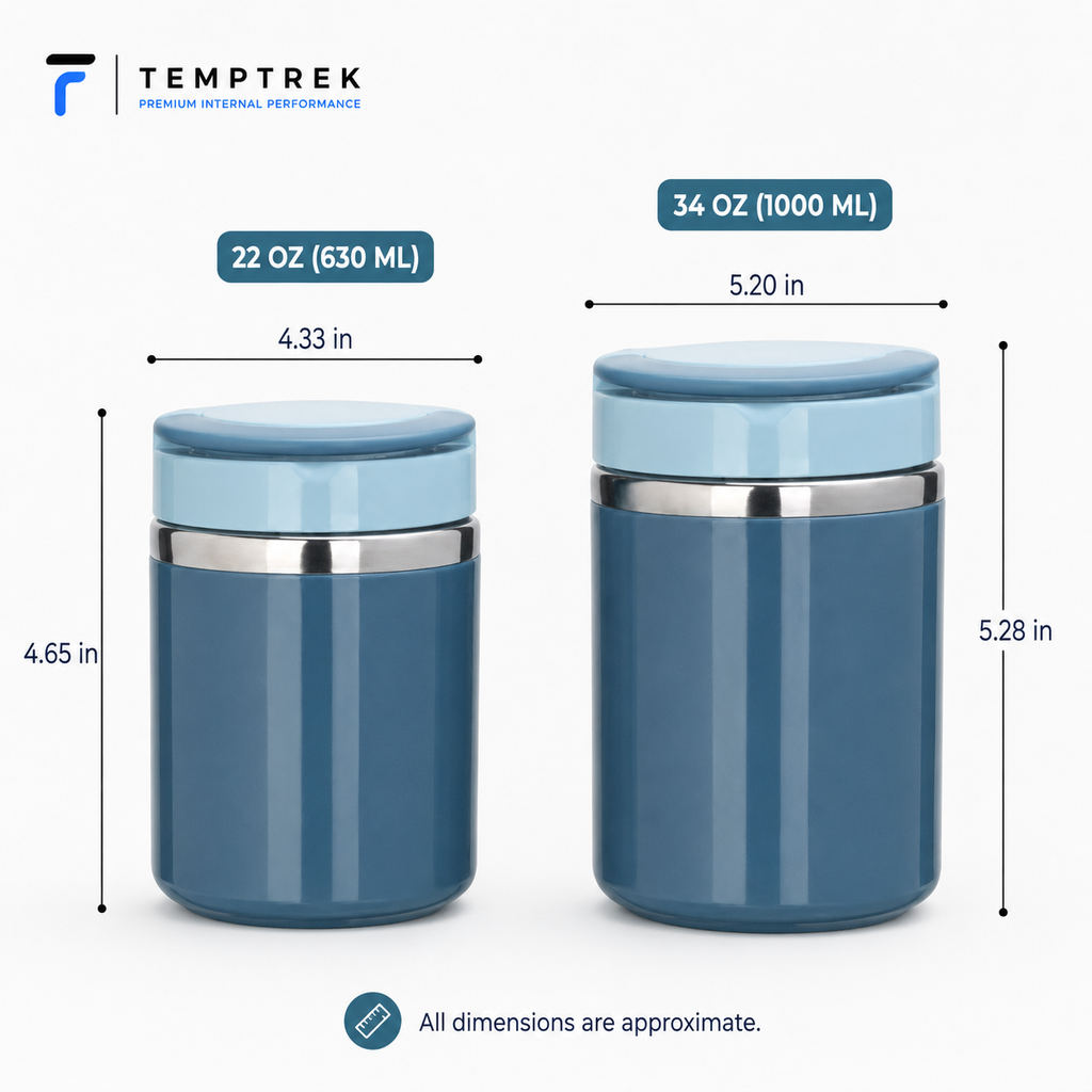 WarmJar size comparison: 22oz (4.33 x 4.65 in) beside 34oz (5.20 x 5.28 in), both blue