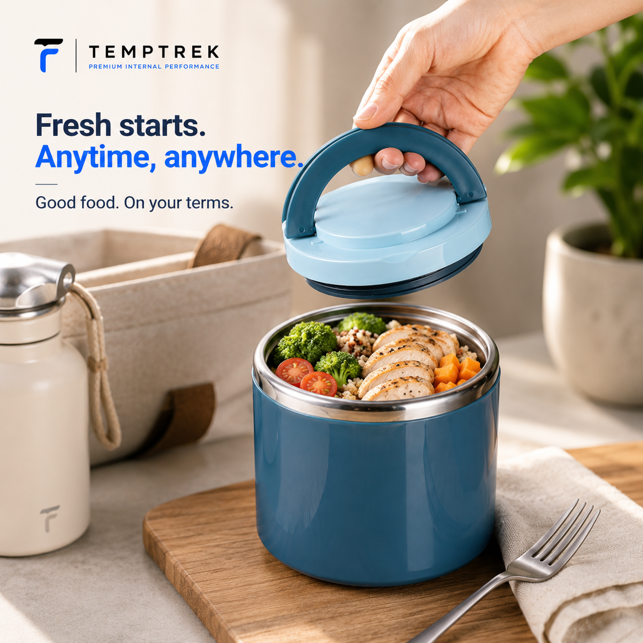 Hand opening blue WarmJar food jar filled with chicken, rice and vegetables