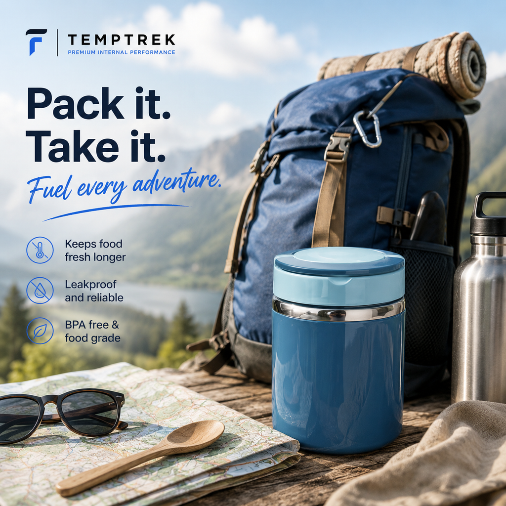 Blue WarmJar food jar on wooden table with backpack, map and hiking gear