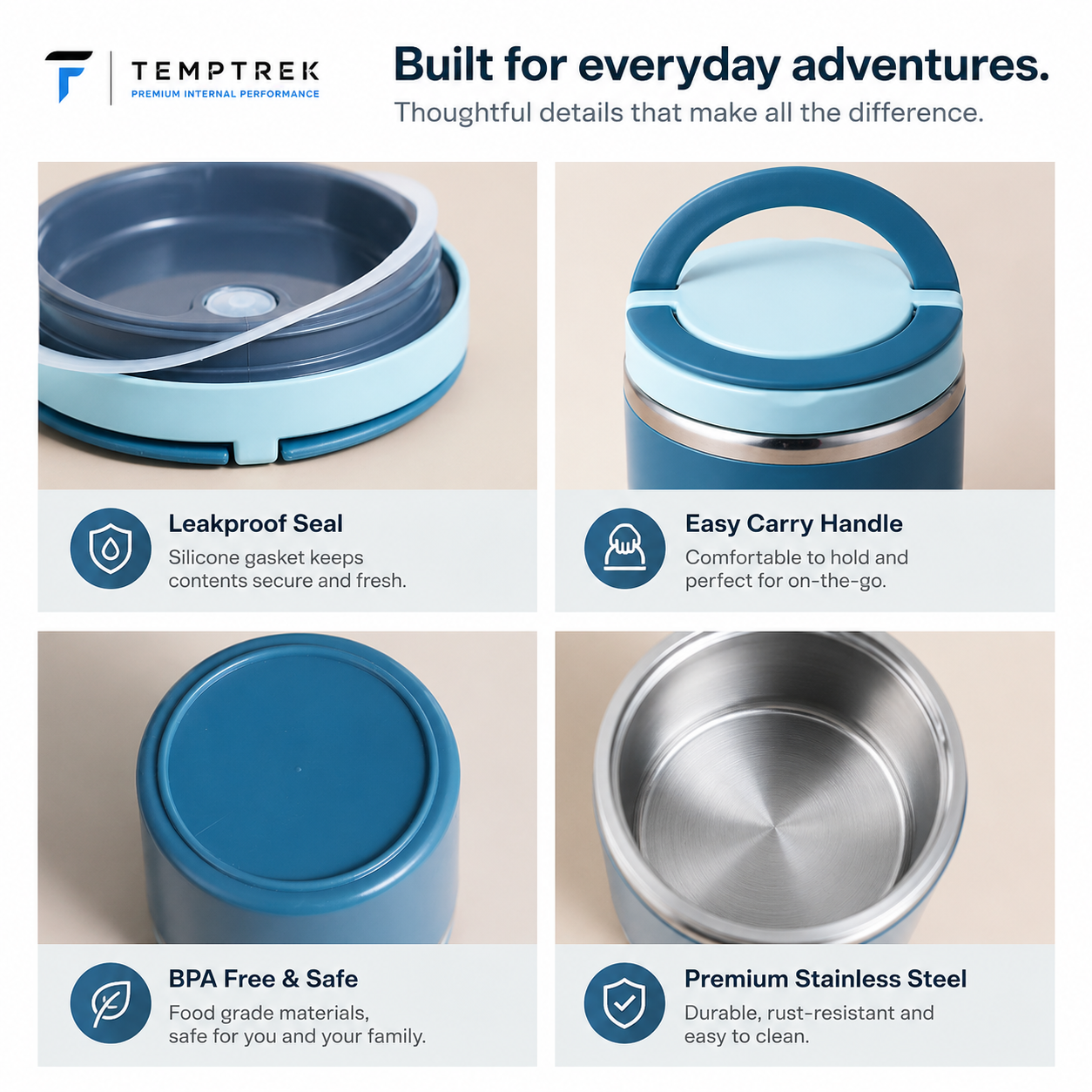 WarmJar detail views: seal gasket, carry handle, base, and stainless steel interior