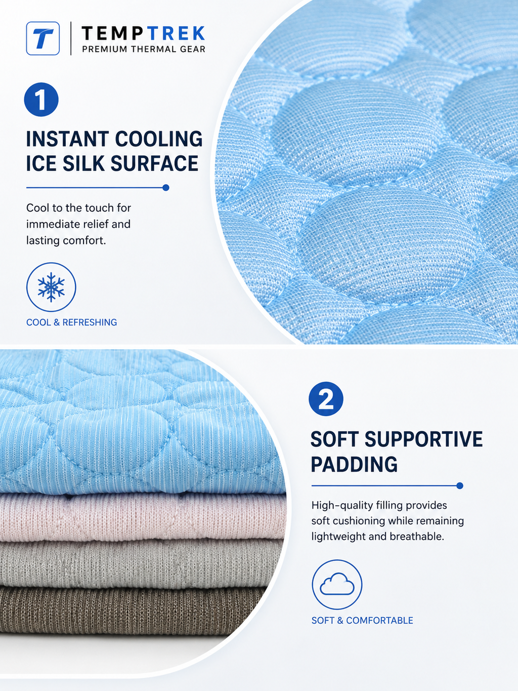 CoolMat quilted fabric close-up and stack of folded mats in various colors