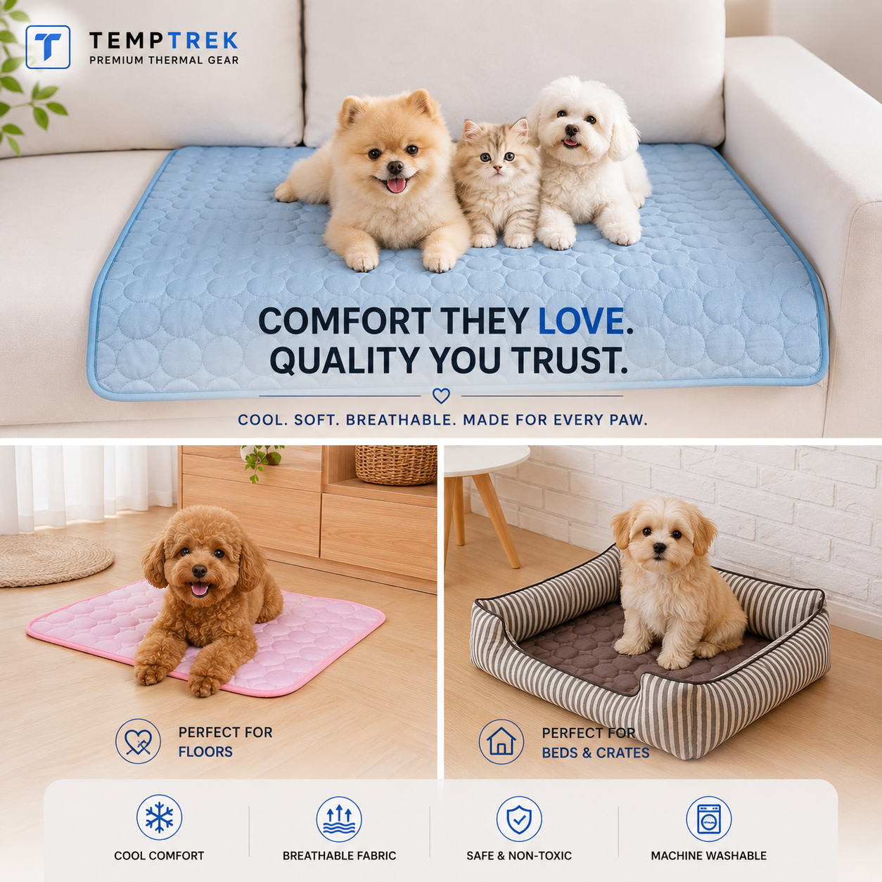 CoolMat collage: pets on blue mat on couch, pink mat on floor, and in pet bed