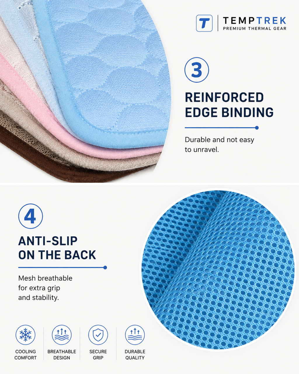 CoolMat edge binding detail and close-up of anti-slip mesh underside