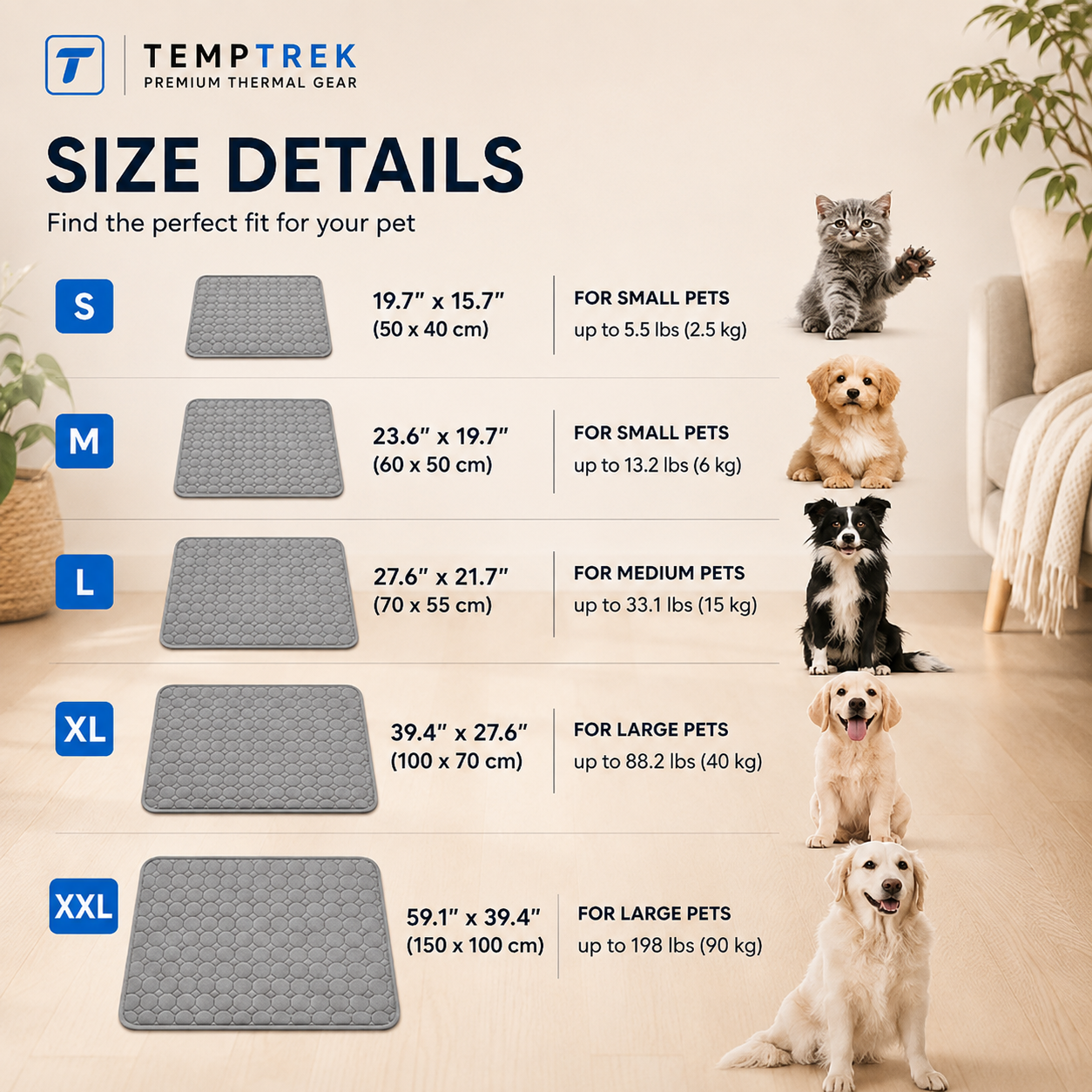 CoolMat size chart: S through XXL dimensions matched to pet sizes from cat to large dog