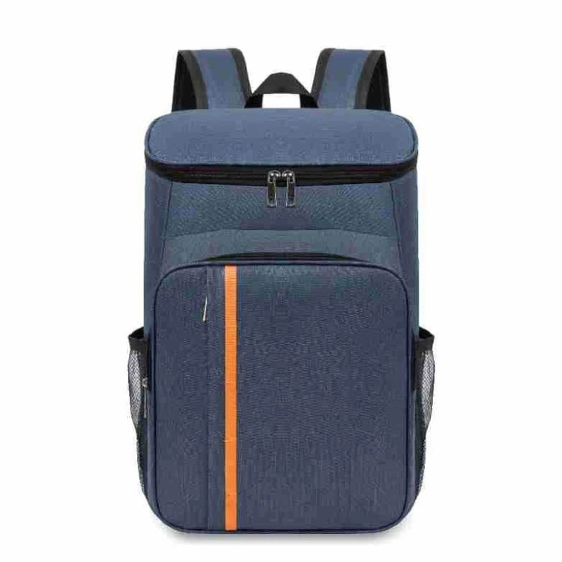 TrailPack insulated cooler backpack in navy blue with orange stripe, front view