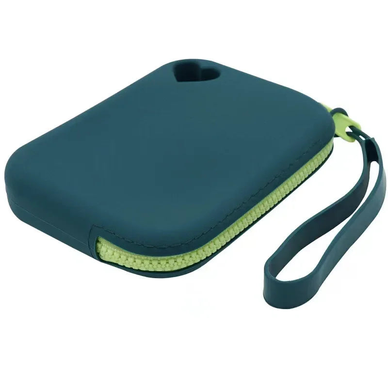 TrailTreat pouch in dark teal with lime green zipper and wrist strap