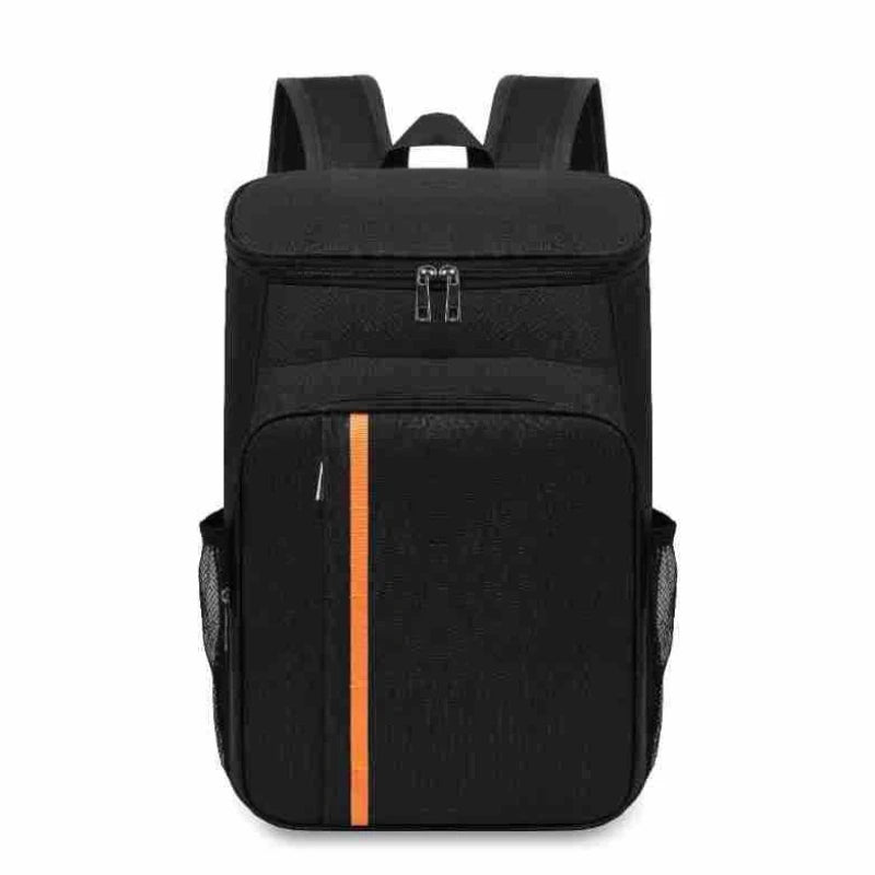 TrailPack insulated cooler backpack in black with orange stripe, front view