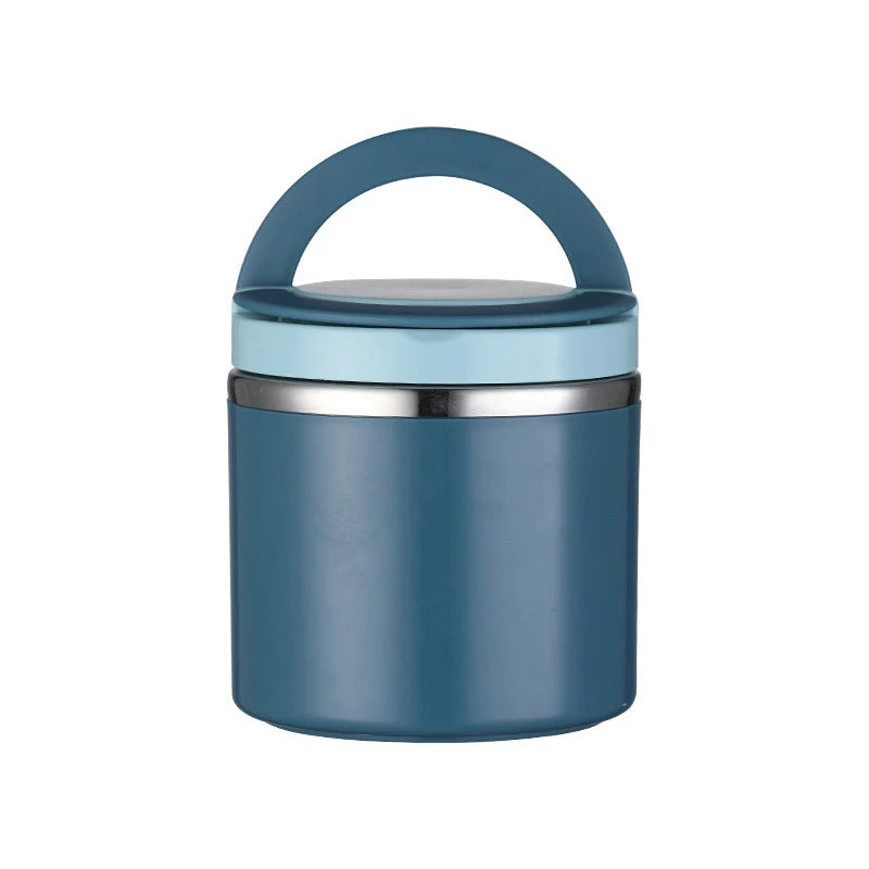 WarmJar insulated food jar in navy blue with light blue lid and handle