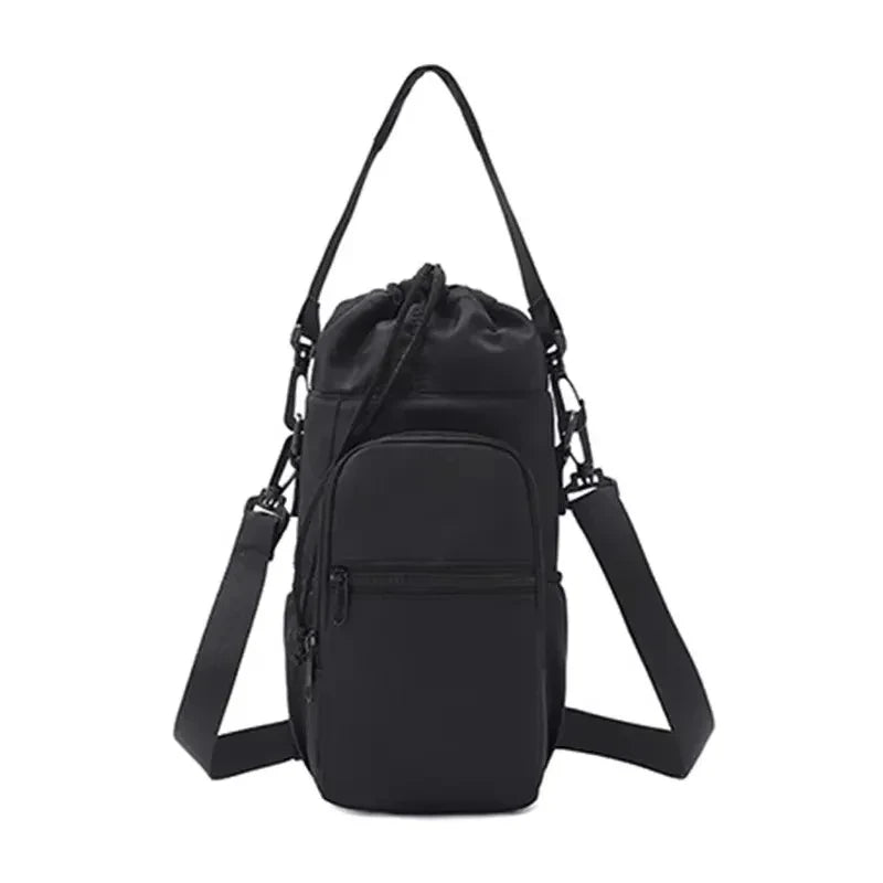 Black CarrySling bottle carrier bag with adjustable strap, front zipper pocket, and drawstring top