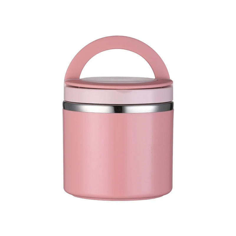WarmJar insulated stainless steel food jar in pink with carry handle