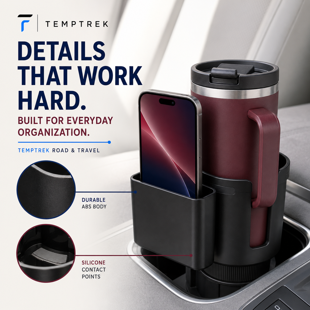 Close-up of the TempTrek RoadMate phone slot and cup compartment