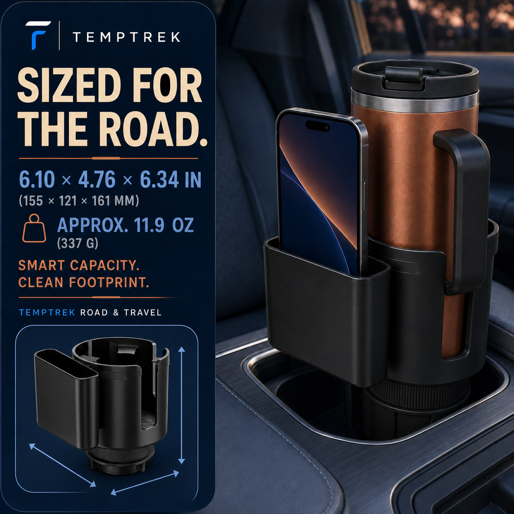 TempTrek RoadMate car cup holder organizer shown from the side