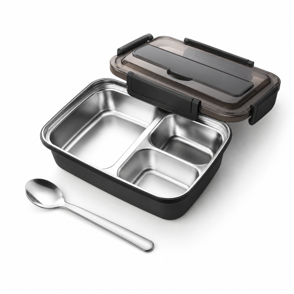 TempTrek stainless steel bento lunch box with divided compartments and reusable utensils