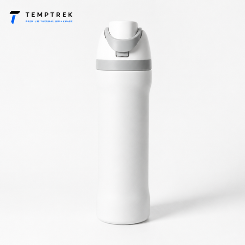 TempTrek Elevate insulated bottle in Blossom Pink, shown from the front with its flip-top lid closed.