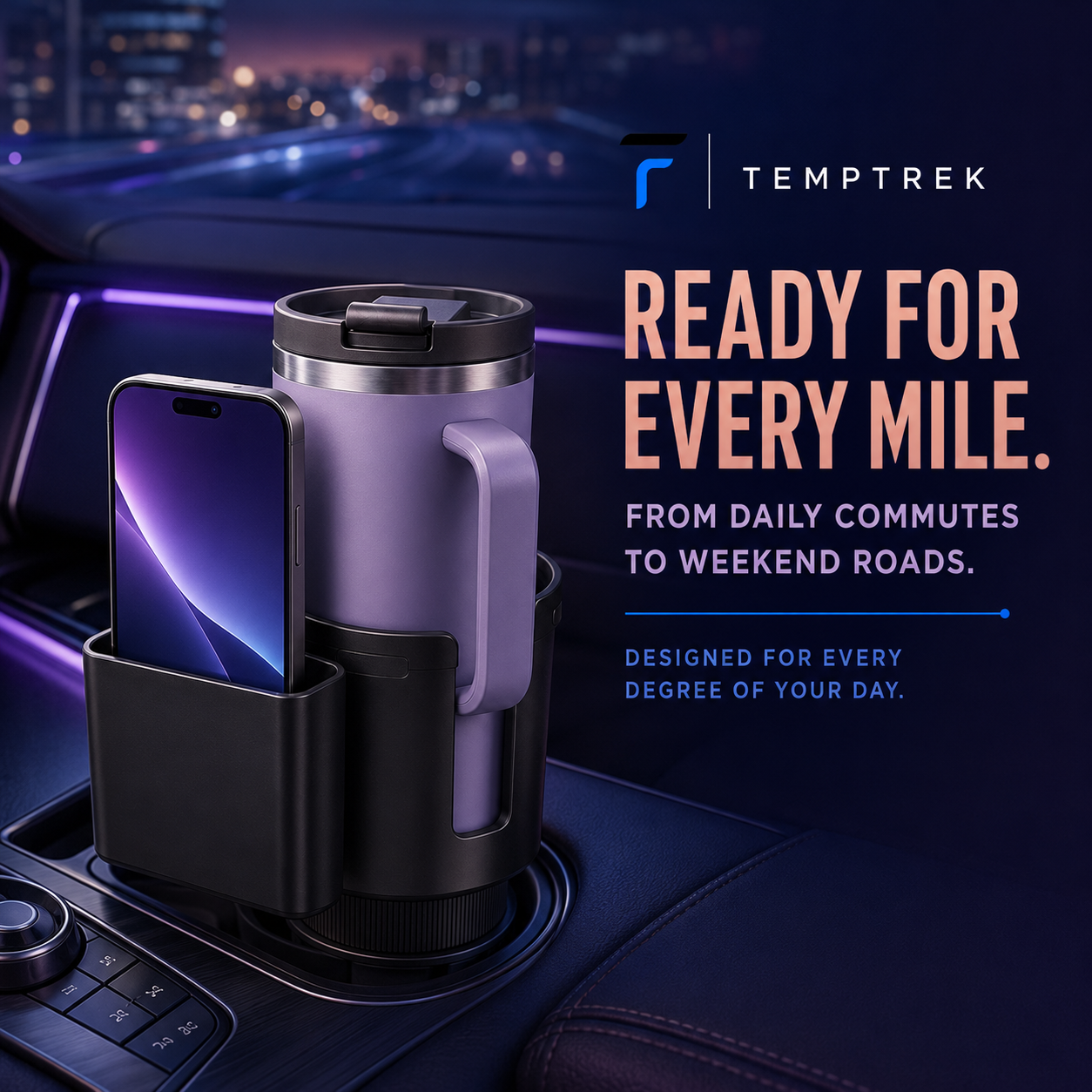 TempTrek RoadMate installed in a car console next to the driver seat