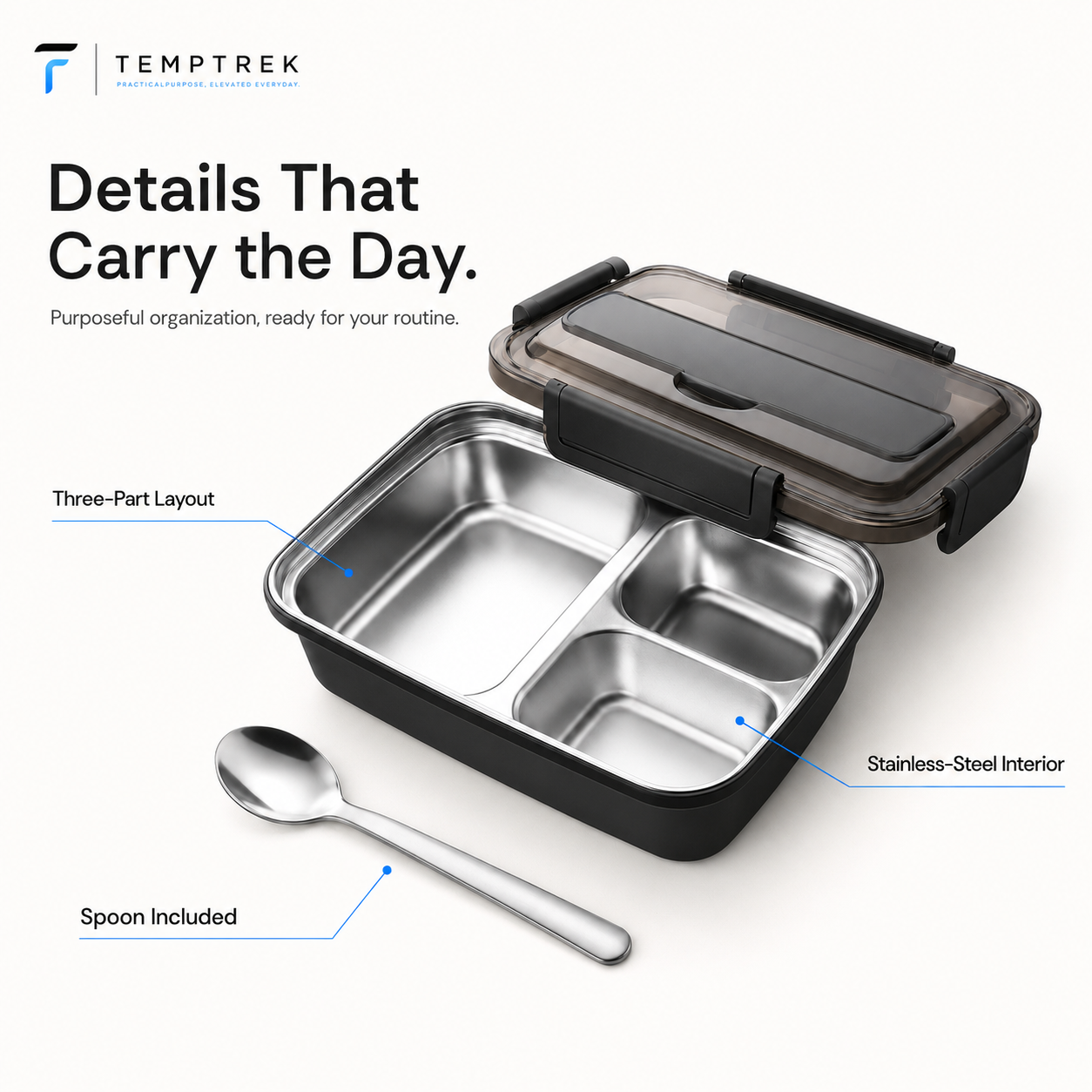 TempTrek Bento Lunch Box | Stainless Steel Compartment Tray