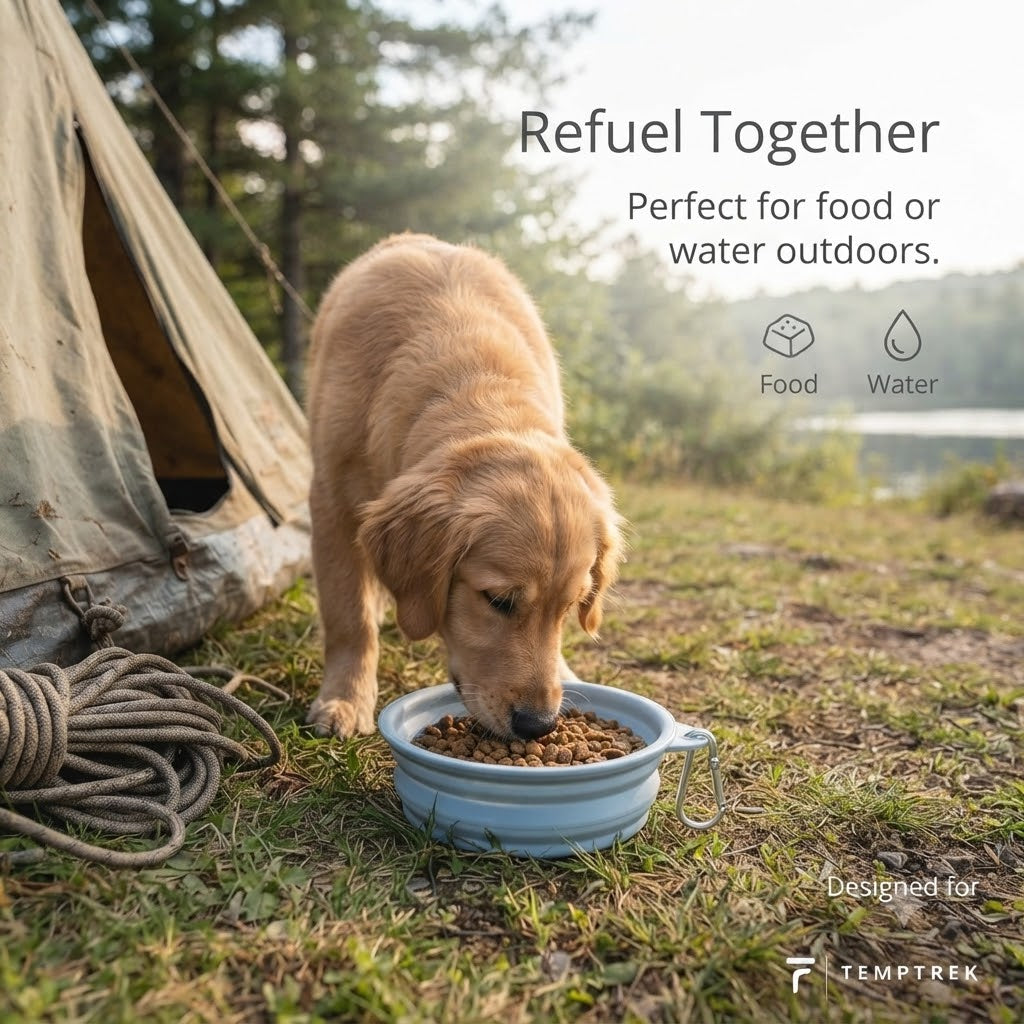 Golden retriever eating kibble from blue TrailBowl outside a camping tent