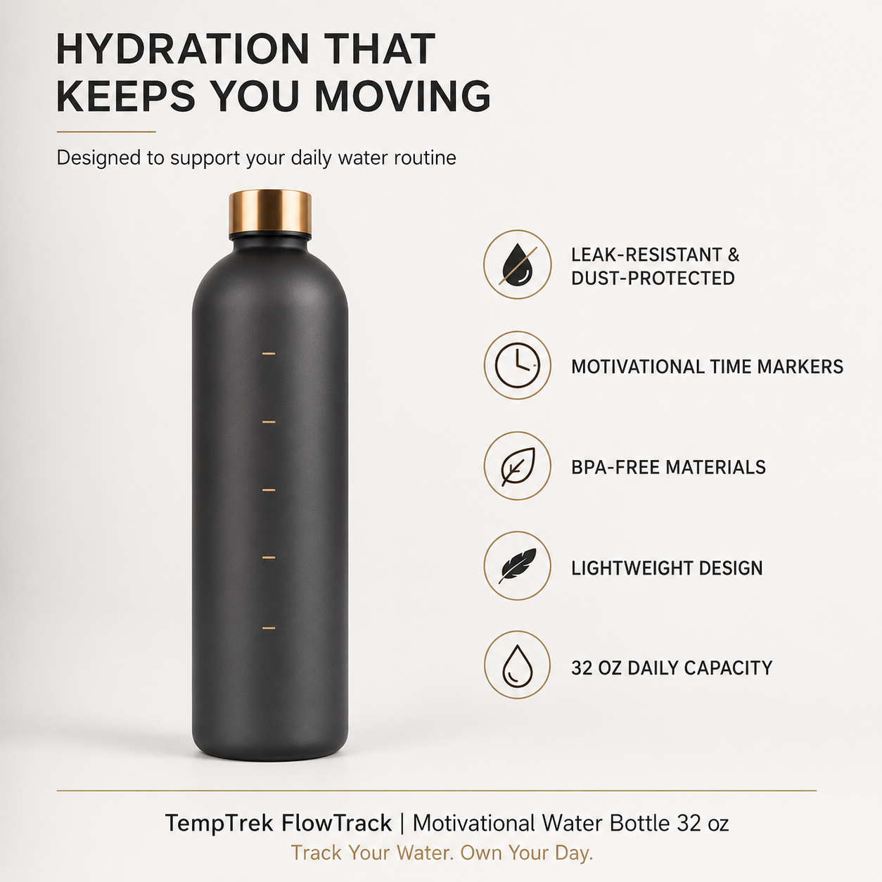 TempTrek FlowTrack | 32 oz Motivational Water Bottle