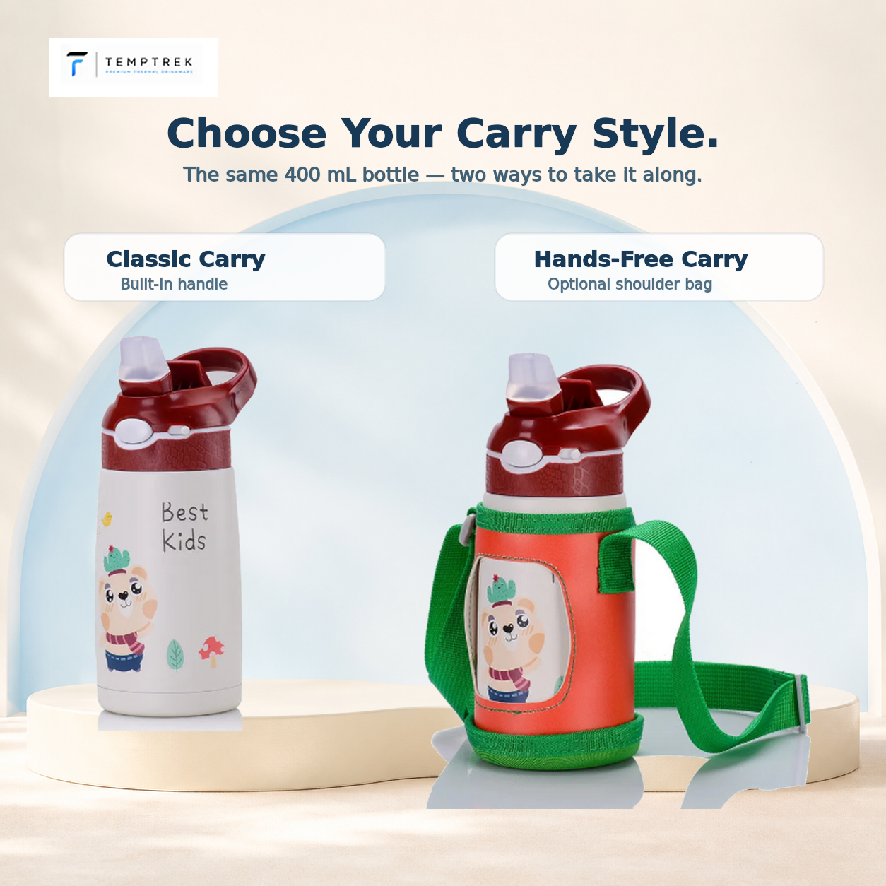 TempTrek LittleTrek bottle shown with and without shoulder bag