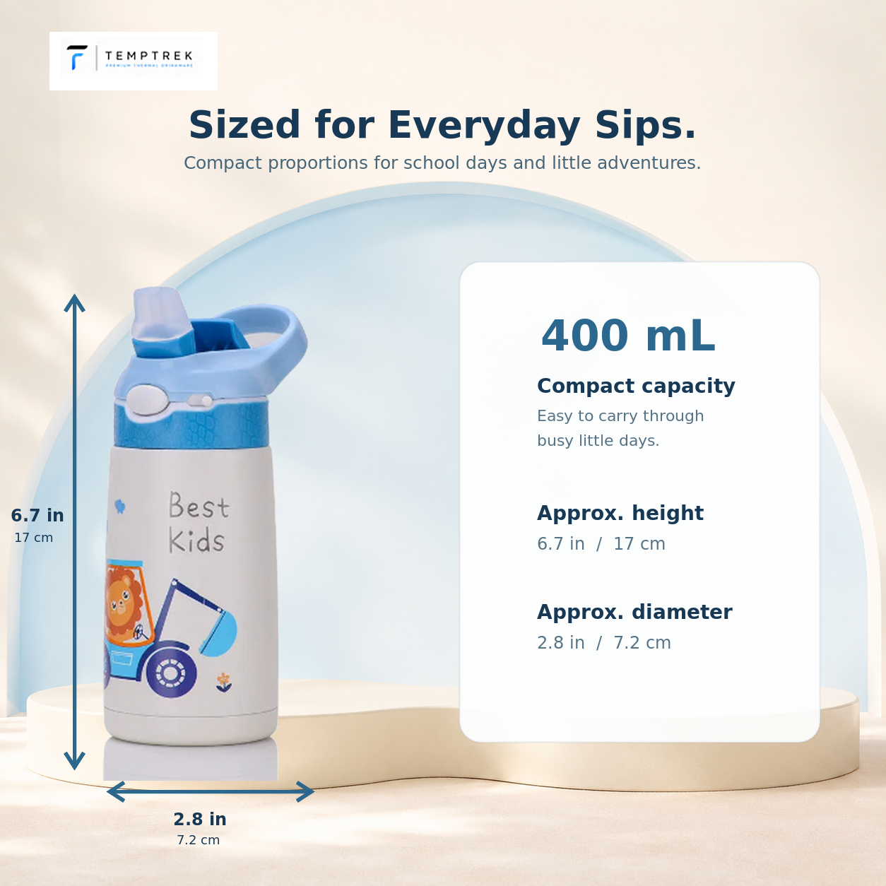 TempTrek LittleTrek kids bottle size and dimension chart