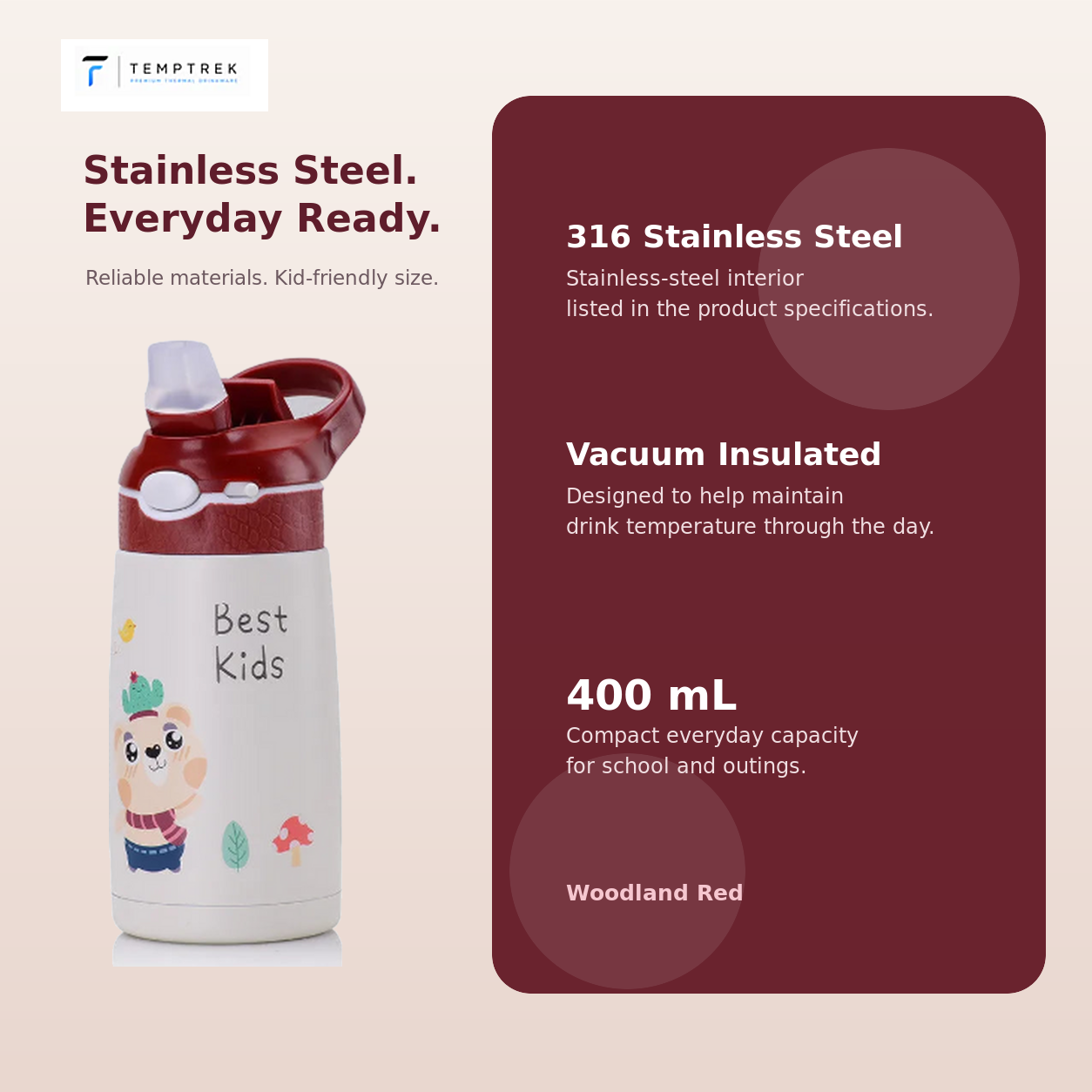 316 stainless steel interior of the TempTrek LittleTrek kids bottle
